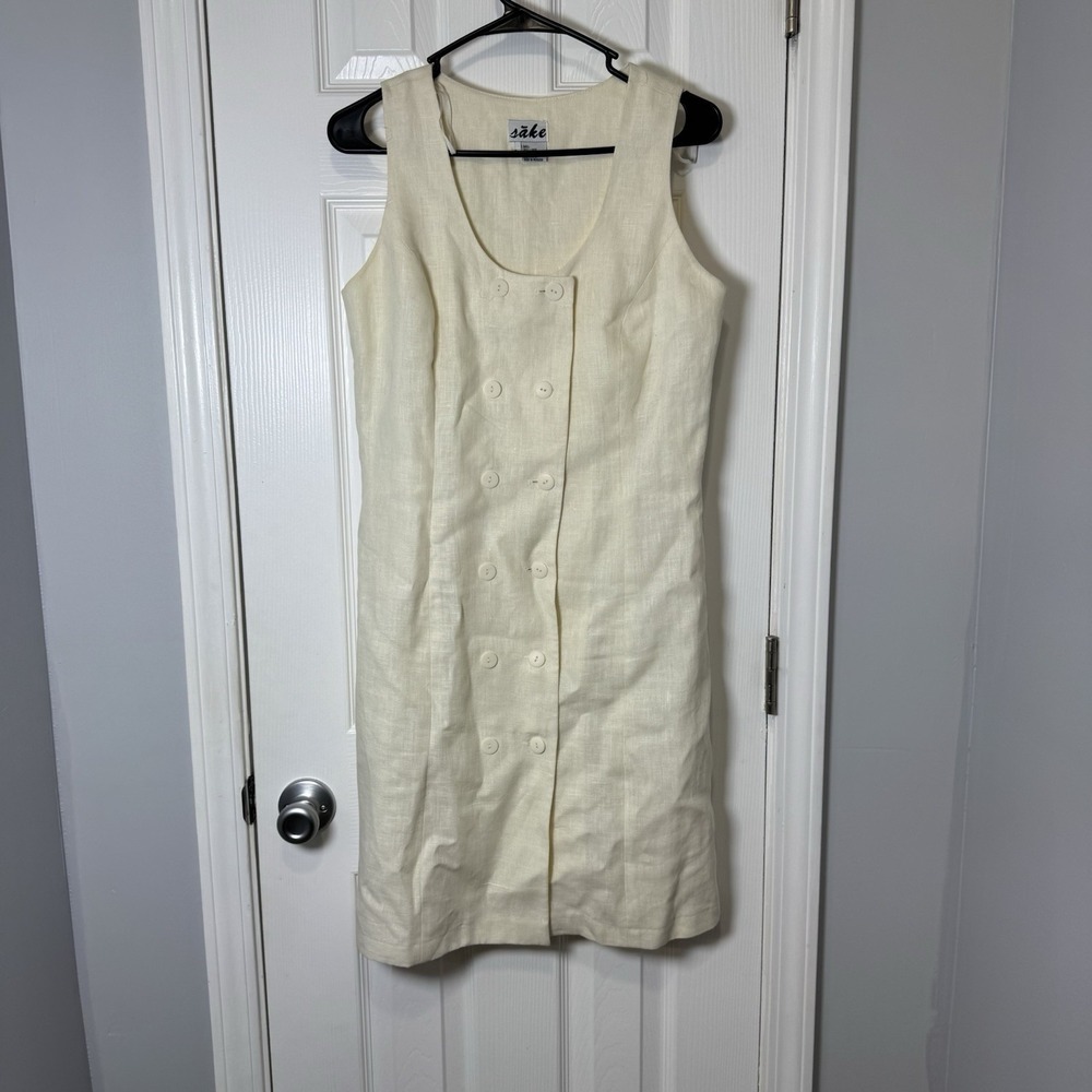 Sake‎ New York Linen Ivory Dress Sleeveless Women's 8 Double Breasted Buttons